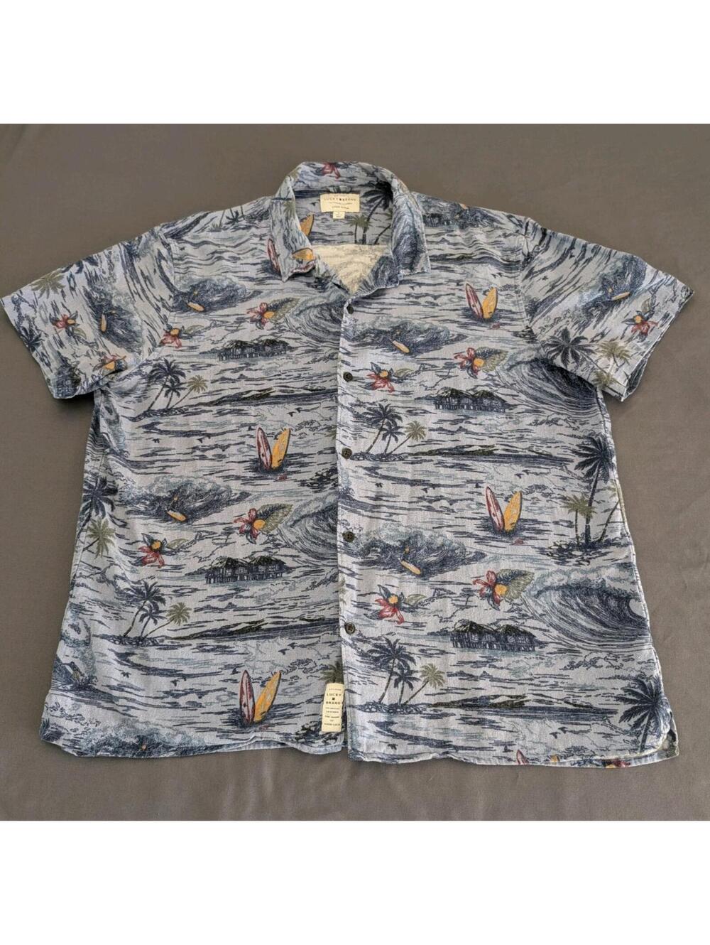 Lucky Brand Mens L Linen Viscose Blue Hawaiian Short Sleeve Beach Aloha Blue